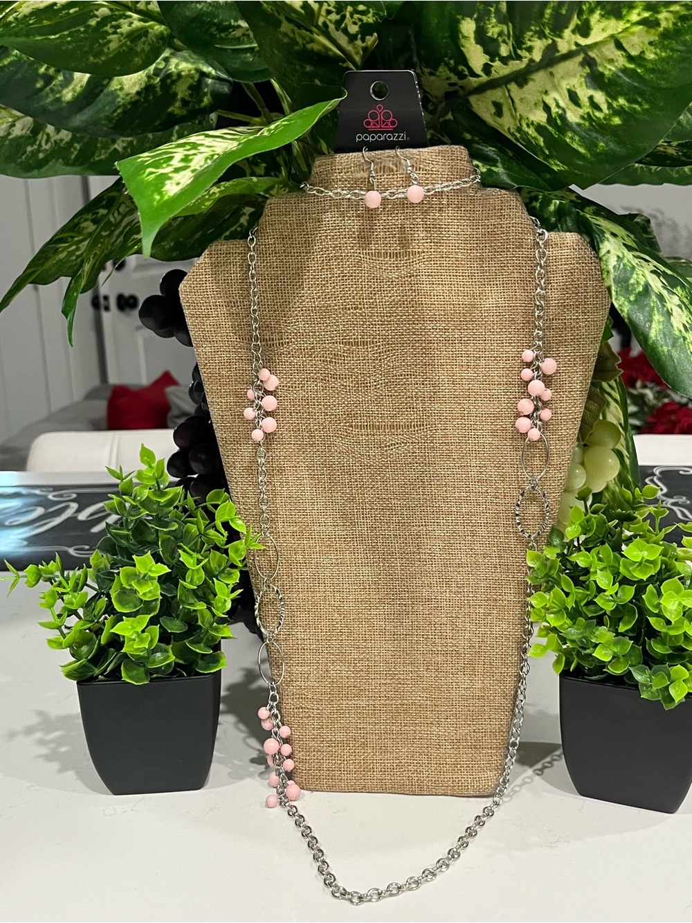 paparazzi Pink Beaded Long Layered Necklace with Stud Earrings